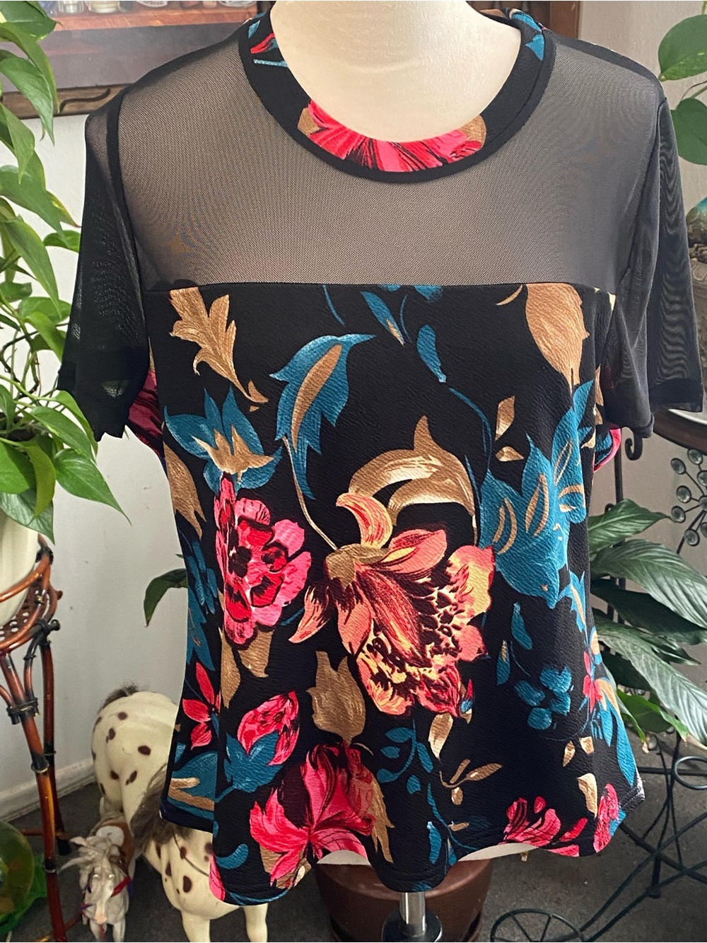 SHEIN Black Floral Mesh Yoke Top with Pink & Teal Accents